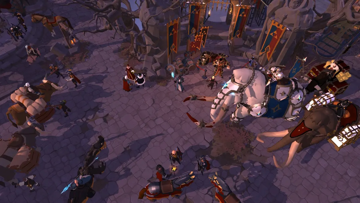Albion Online screenshot showing players and a large armored elephant mount near a walled town with guild banners