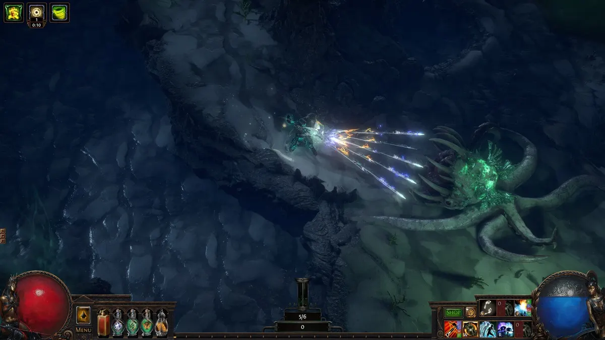 Path of Exile combat screenshot showing a character fighting a large tentacled boss with green energy effects