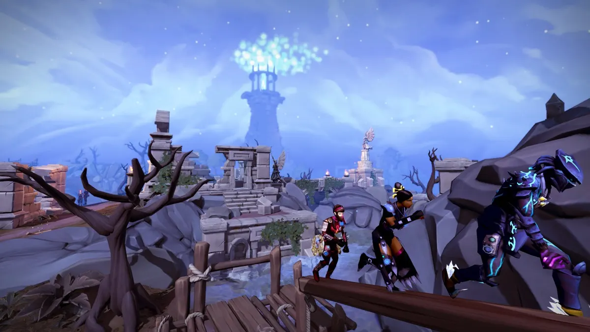 RuneScape screenshot of a character exploring a moonlit ruined courtyard with a glowing tower in the distance